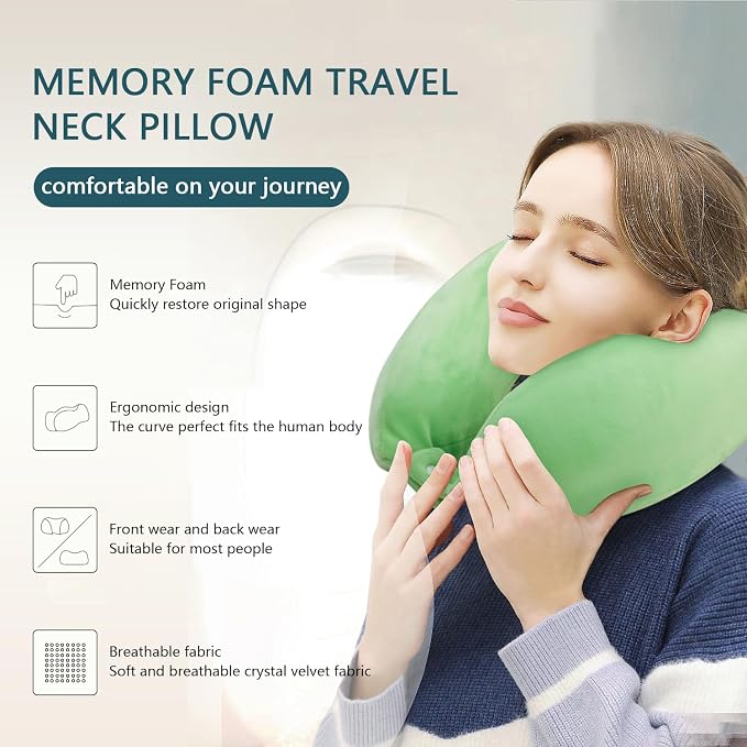 Travel Neck Pillow for Sleeping Soft Memory Foam Pillows Lightweight Breathable Airplane Pillow Support Head and Chin Perfect for Camping Train Car Office Rest Green - Image 5
