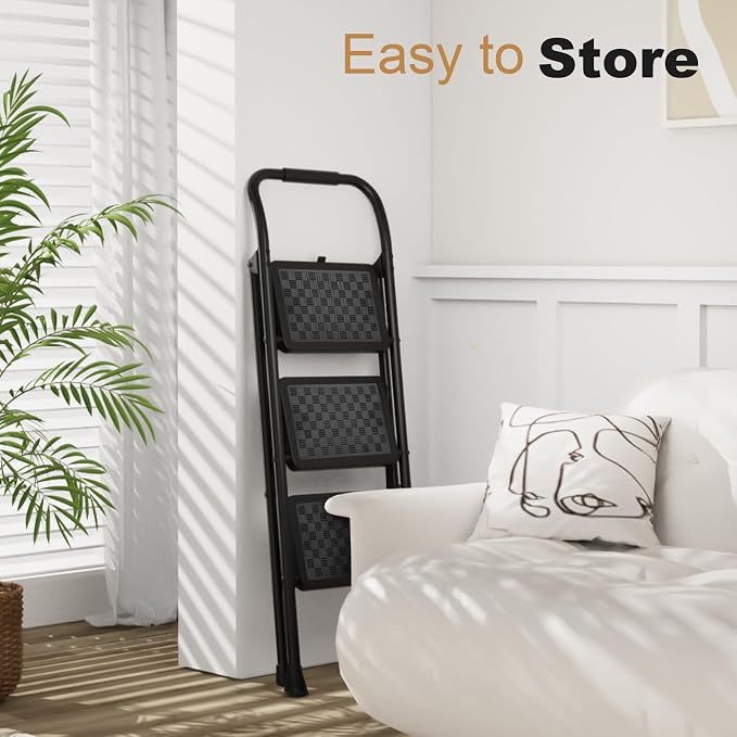 HBTower 3 Step Ladder, Step Stool Foldable for Adults | Wide Anti-Slip Pedal, Lightweight 3 Step Ladders for Home, Black - Image 5
