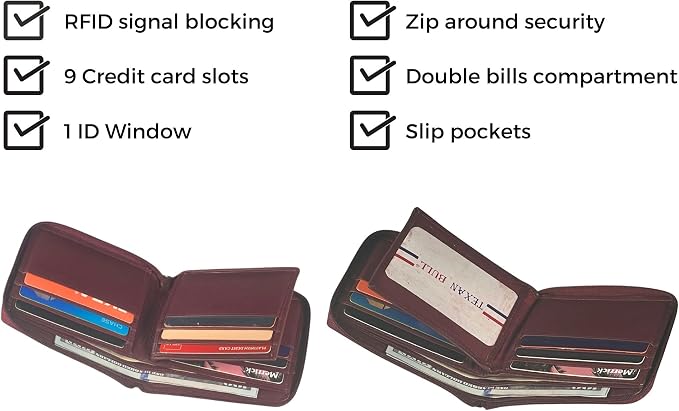 RFID Blocking Bifold Cowhide Leather Wallets For Men With Zipper Security | Safe Metal Zip Chain 9 Card-ID Slim Minimalist Mens Wallet (Burgundy) - Image 4