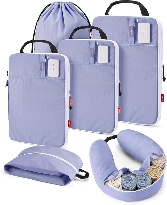BAGSMART Compression Packing Cubes with Fillable Neck Pillow for Clothes | 1 Wearable Neck Pillow & 5 Travel Bags to Avoid Baggage Fees, Durable, Tear Resistant Washable Taslan Fabric with Card Slots by BAGSMART