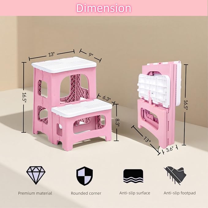 2 Step Stool Foldable, Non-Slip Steps, Folding Step Stool for Adults, Plastic Stool Pool Ladder, Collapsible Stools 2 Step Ladder for Kitchen Toilet Bedroom Office RV, Holds 330 lbs - Image 3