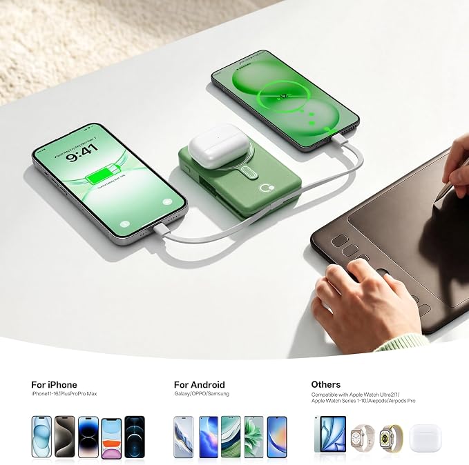 Q Magnetic Wireless Portable Charger 10,000mAh, Travel Essentials Power Bank with Built-in Cables & Foldable Stand, External Battery Pack Compatible with iPhone 17/16/15/14/13/12, Apple Watch - Image 5
