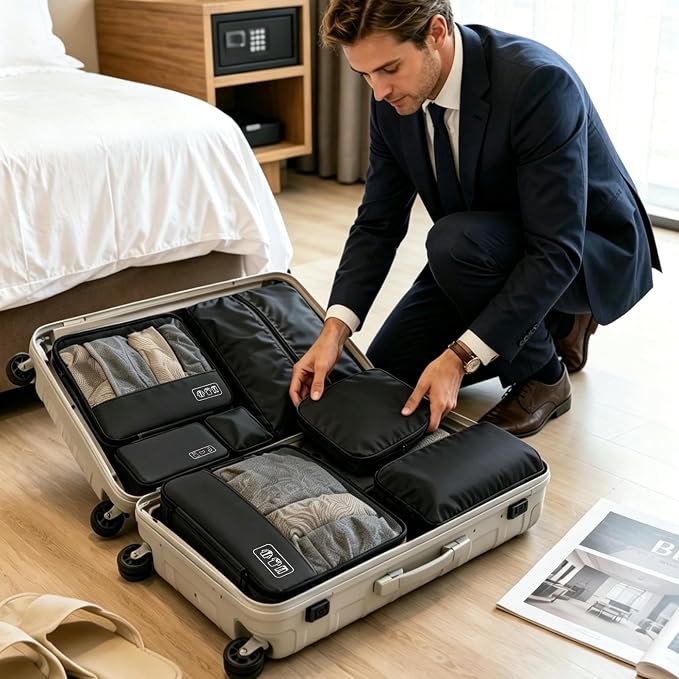 Compression Packing Cubes for Travel, 8-Piece Luggage Organizers Space-Save | Ultralight Sleek Luggage Organizer Set for Business Trips & Frequent Travelers, Space Saving for Carry-On & Suitcase - Black - Image 2