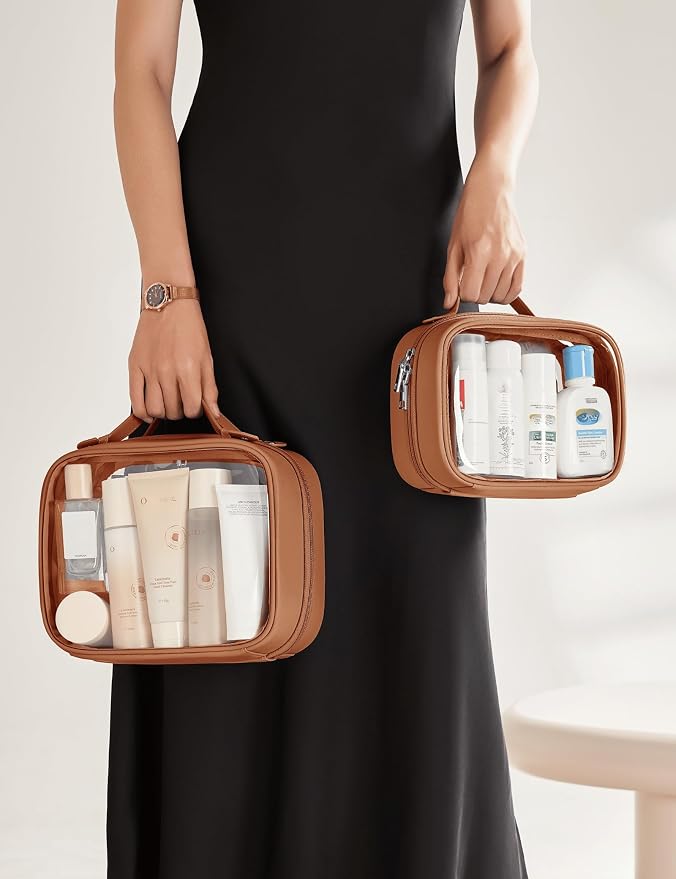 Clear Cosmetic Bag Double Layer Travel Toiletry Bag Clear Makeup Bag Case with 4 Compartments, Transparent Travel Bag for Toiletries, Large Toiletry Bag for Women Cosmetic Case (Brown, Small) - Image 8