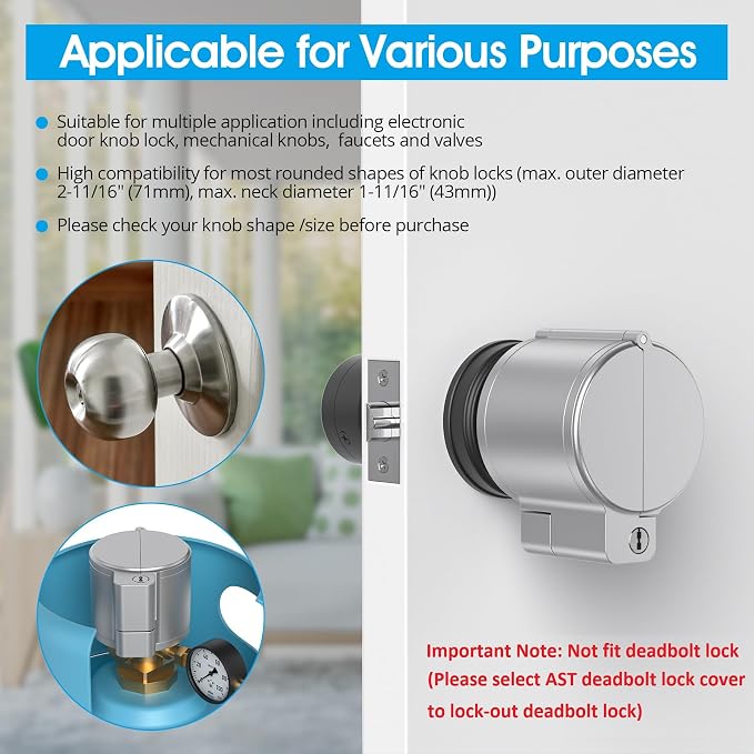 AST Adjustable Door Knob Cover with High Security Cylinder and 3 Brass Keys | Childproof Door Knob Cover with Lock, Lockout to Doorknob. Safety Cover for Faucet, Valve, Spigot. Prevent Access to Keyhole - Image 2