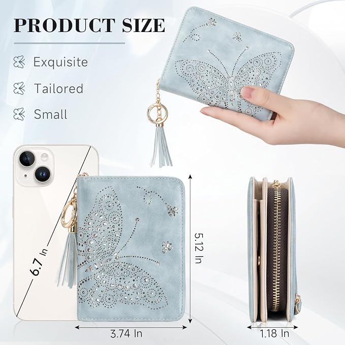 KITEVIUN Women RFID Blocking Small Bifold Wallet, Compact Cash Clutch with Zipper Coin Pocket, Glittery Butterfly Design, Credit Card Holder, Travel Purse with Tassel BLUE - Image 3