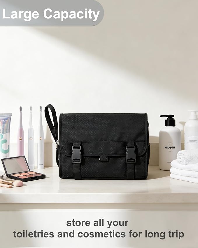 Relavel Travel Toiletry Bag for Men, Large Hanging Toiletries Bag - Black | with Hanging Hook, Large Capacity Door Room Essentials, Travel Organizer for Full Sized Cosmetics and Accessories - Image 5