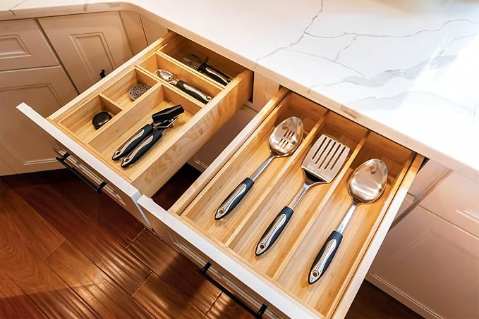 Bamboo Kitchen Utensils Organizer, 13 Inch Drawer Dividers for Silverware, Extra Deep Holder, with Non-Slip Feet, Wood Caddy for Flatware Cutlery - Image 5
