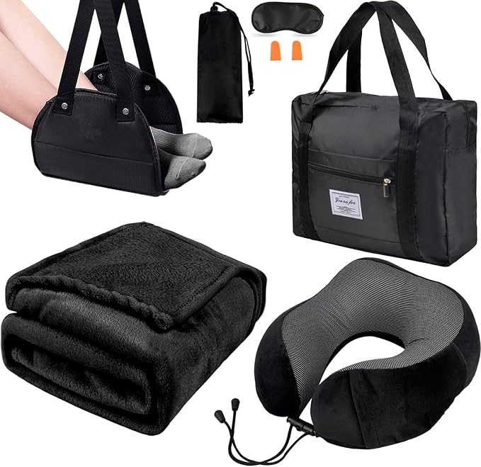 Travel Pillow and Blanket Set - Foot Hammock Rest Airplane Essentials Black | Memory Foam Neck Pillow Plane Foot Rest Airplane Accessories Essentials, Foldable Duffel Bag Eye Mask Earplugs for Comfort by Nerien