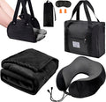 Travel Pillow and Blanket Set - Foot Hammock Rest Airplane Essentials Black | Memory Foam Neck Pillow Plane Foot Rest Airplane Accessories Essentials, Foldable Duffel Bag Eye Mask Earplugs for Comfort by Nerien