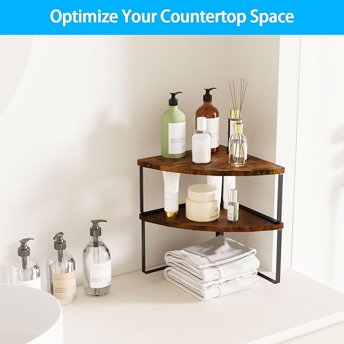 Golener Kitchen Corner Shelf, Corner Spice Rack, Counter Shelf, Stackable | Kitchen Counter Organizer, Plate Organizer for Cabinet, 2-Tier Corner Countertop Shelf, Corner Desk Shelf, Rustic Brown - Image 5