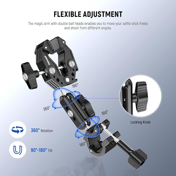 NEEWER Motorcycle Camera Mount Kit, Bicycle Handlebar Invisible Selfie Stick, 360° Ball Heads, Super Clamps & Cleaning Cloth, Compatible with GoPro Insta360 DJI AKASO Action Cam Video Recording, GP-30 - Image 4