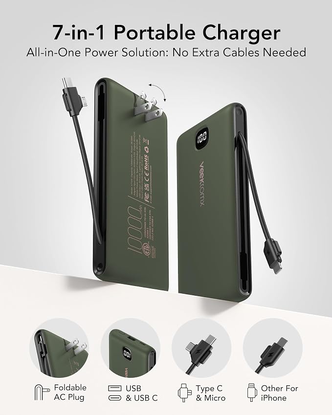 VEEKTOMX Portable Charger with Built-in Cables and AC Wall Plug, 10000mAh | Pocket-Size Travel Power Bank with USB-C and Micro-USB Cables for up to 4 Devices Including iPhone, iPad and Samsung, Green - Image 4