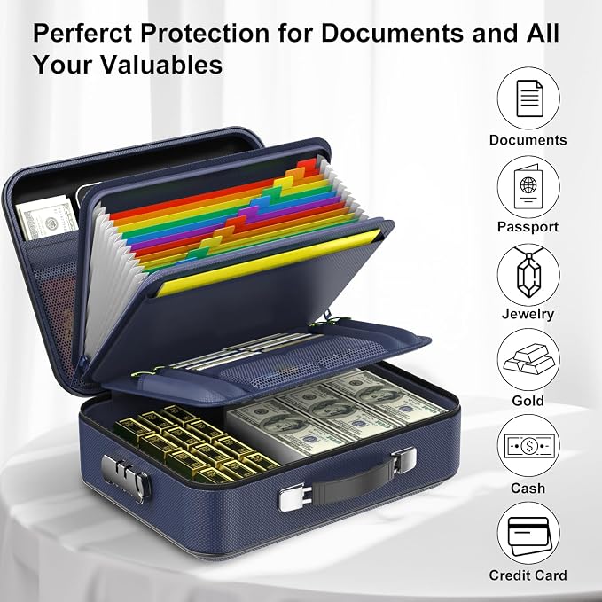 Fireproof Document Box with Lock, Hard Fireproof Document Organizer | Hard-Shell Fireproof Waterproof Safe Box with Combination Lock Blue - Image 5