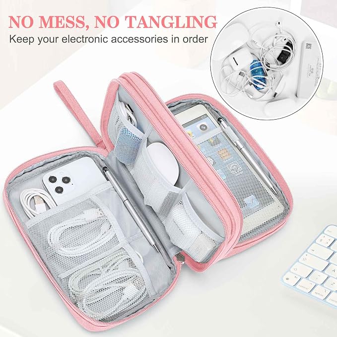 FYY Electronic Organizer, Travel Tech Pouch Bag, Large, Pink | Wrist Strap, Waterproof, Double Layers Portable Electronics Travel Carrying Case for Cord, Charger, Daily Business Trips Use - Image 5