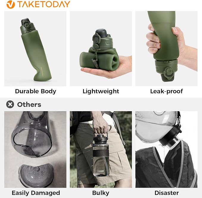 TakeToday Collapsible Water Bottles, Foldable for Travel, 32oz, Green | Compact Foldable Travel Bottle with Straw, TSA-Approved Leakproof Silicone, BPA-Free for Hiking & Outdoors - Image 2