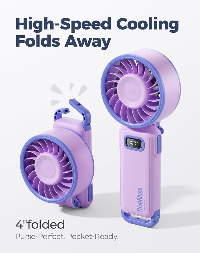 Diveblues Portable Turbo Fan, Purple Personal Neck Fan, Small Travel Fan | 7.4m/s High Speed, 180° Foldable 4-in-1, 100 Speed Stepless Control, USB-C Rechargeable - Image 3