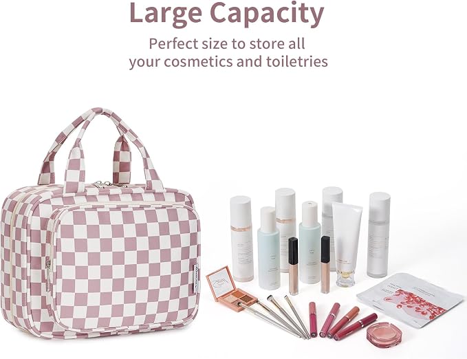 Narwey Hanging Toiletry Bag for Women Travel Makeup Bag Organizer Toiletries Bag for Travel Size Essentials Accessories Cosmetics (Dusty Pink Checkerboard (Medium)) - Image 8