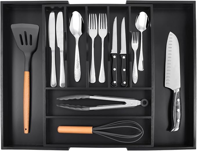 Bellsal Large Premium Bamboo Silverware Organizer - Expandable Utensil Drawer Organizer - 17"x19.6" Utensil Holder and Cutlery Tray with Grooved for Kitchen Flatware and Utensils(7-9 Slot, Black) - Image 8