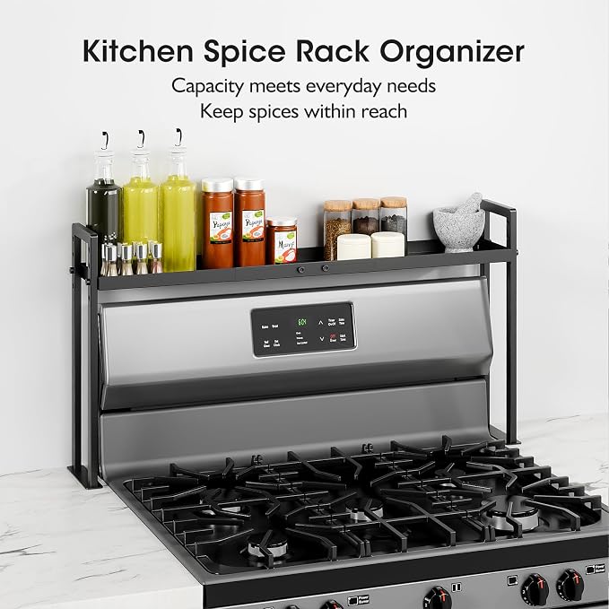 Bumusty Adjustable Stove Top Shelf, 4-Level Spice Rack, Black | Adjustable width and height use vertical space to keep spices organized above stoves or on kitchen counters - Image 6