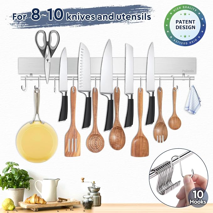 20 inch magnetic knife holder with 10 hooks, no drilling knife magnetic strip, and utensil hanger for wall. Powerful knife magnet rack includes tape and screw - Image 3