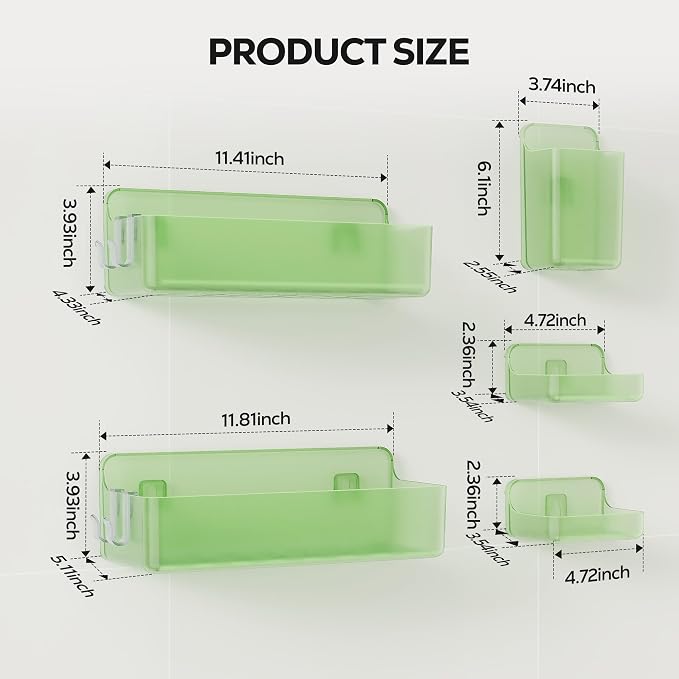 Nieifi Adhesive Shower Shelves, Green, 5 Pieces | Rustproof ABS, Large Capacity, Removable Design, Easy-Clean, No Drilling Shower Organizer for Bathroom Storage & Home Decor - Image 2