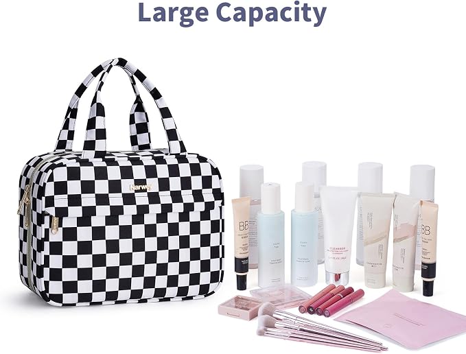 Narwey Hanging Toiletry Bag for Women Checkered Travel Makeup Bag Organizer Cosmetic Make up Toiletries Bag for Travel Essentials Accessories (Black Checkerboard, Medium) - Image 6