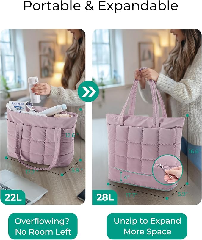 BAGSMART Expandable Tote Bag for Women, Puffer Work Tote Travel Bag | Quilted Carry On Bag for Travel Work Gym College, Waterproof Travel essentials - Image 8