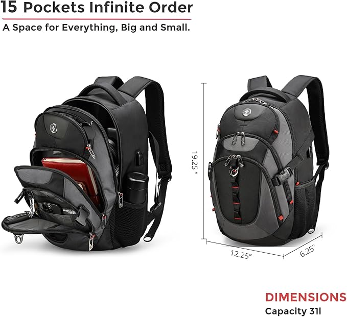 Swissdigital Design Laptop Backpack with USB Charging Port, Travel Backpack Fits 15.6 inches Computer, 31l College School Backpack for Men, Black/Grey | SD803-02 - Image 4
