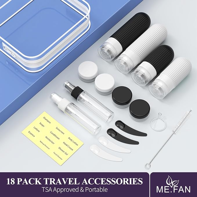 ME.FAN Travel Bottles for Toiletries,18 Pack Silicone Portable Size Bottle, TSA Approved Refillable Cosmetic Container Kits for Conditioner, Shampoo, Lotion,Face Cream - Black/White - Image 6