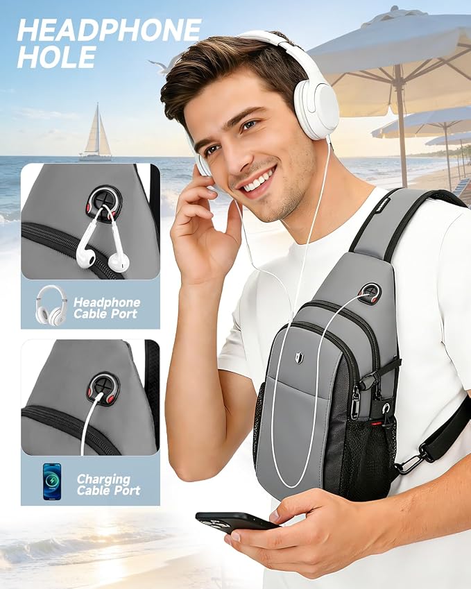 Anti-Theft Sling Bag for Men, Water Resistant lightweight Crossbody Backpack With Side Pocket, Built-in Audio Port, Reversible Strap, Travel Hiking Chest Pack Fits 11 inch iPad & Switch 2 - Image 7