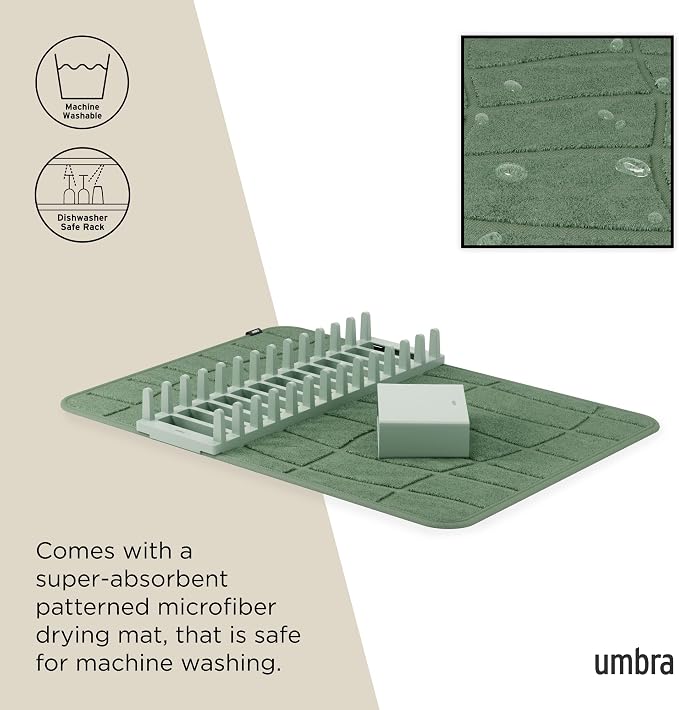 Umbra Udry Dish Drying Rack with Microfiber Mat, Foldable Drainer, Spruce | Machine washable, protects countertops, utensil holder, compact space saving design - Image 5