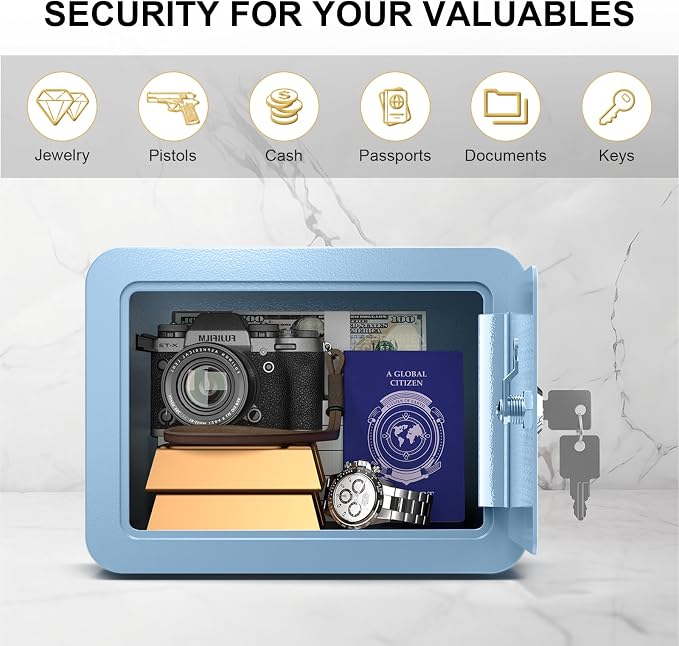 Marcree Mini Safe Box, 0.23 Cub Home Safes for Kids, Blue Small Safe | Money Box with Key Lock, Kids Safe for Money Cash Valueables, Stylish Security Safe for Gifts, 6.69 x 9.06 x 6.69 Inches - Image 5