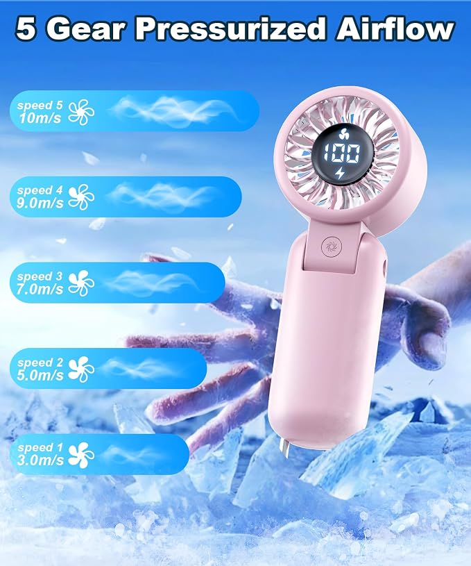 BEYYON Portable Handheld Turbo Fan, Travel Essentials, Gifts for Women/Men | LED Display, 5-Speed, Powerful Airflow, USB Rechargeable, Lanyard, Foldable Personal Fan for Cruise, Beach, Vacation - Image 5