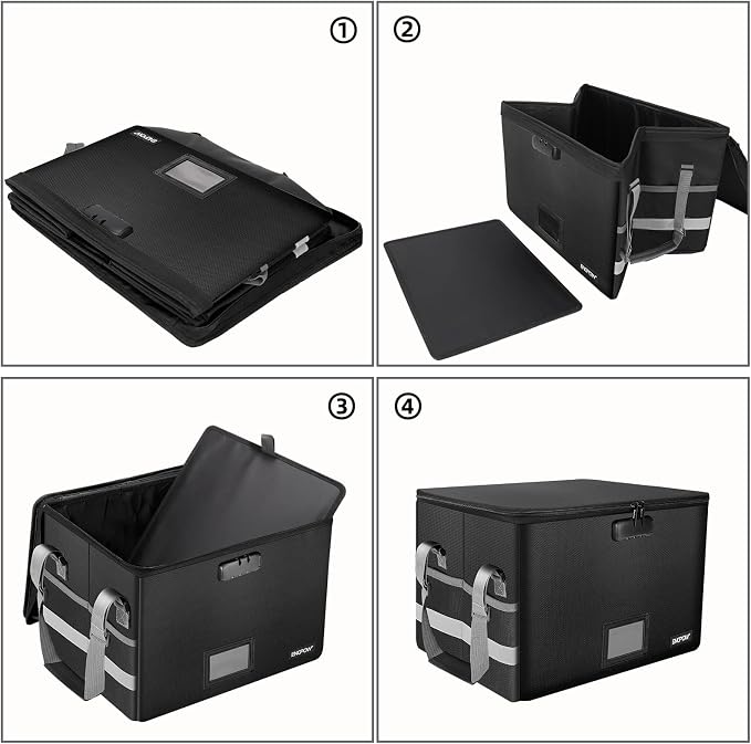 ENGPOW File Box with Lock,Fireproof Document Box with Zipper＆Pockets,Collapsible File Organizer Filing Storage Cabinet with Handle,Portable Home Office Safe for Hanging Letter/Legal Folder,Black - Image 7