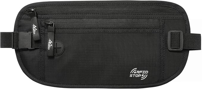 MoKo Travel Money Belt, Hidden RFID Blocking Passport Wallet, Black | Slim money belt has three pockets, breathable backing, water-resistant nylon, and an adjustable 28-50 in waist strap by MoKo