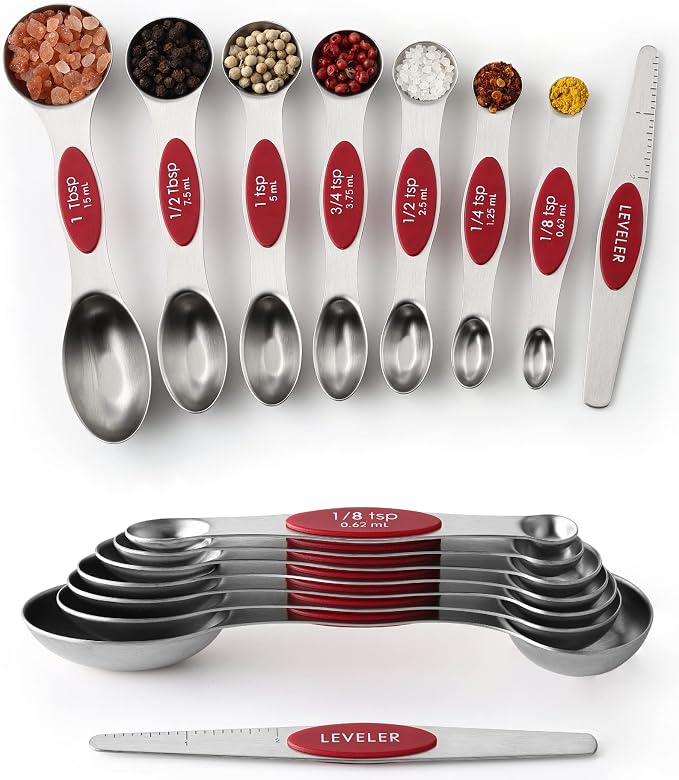 Spring Chef Stainless Steel 8 Magnetic Measuring Spoons Set, 2 Pack, Red | Nesting Teaspoon & Tablespoon Measuring Spoons w/ Leveler for Dry & Liquid Ingredients, Measure Spoons For Baking & Cooking by SpringChef