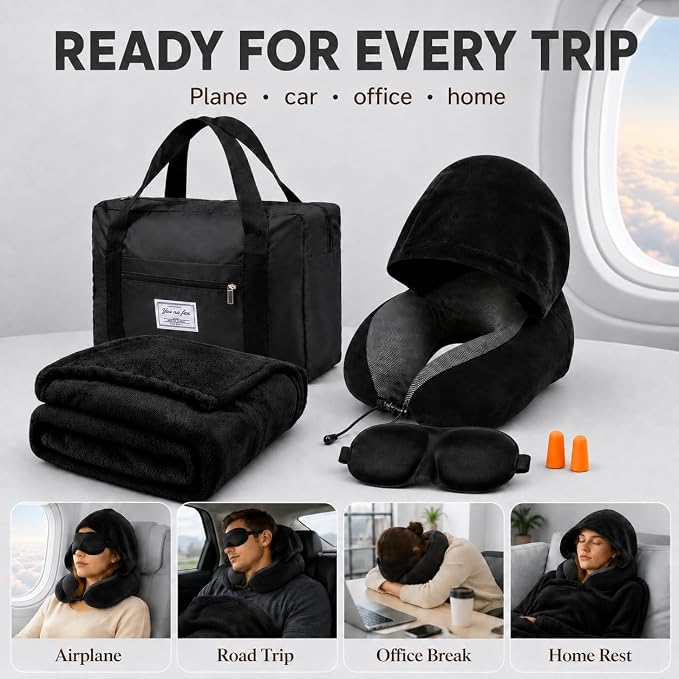 Travel Blanket and Pillow Set - Hooded Neck Pillow Airplane Essential Black | Memory Foam, Sleep Mask, Earplugs, Foldable Duffel Bag Soft Comfort for Long Plane Flight Traveling Car Road Trip Flying - Image 7