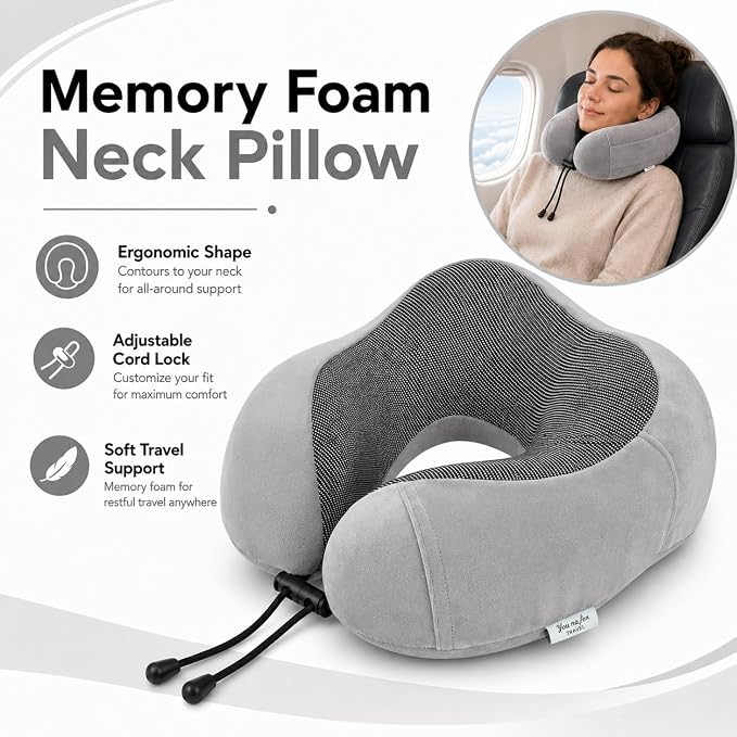 Travel Pillow and Blanket Set - Foot Hammock Rest Airplane Essentials, Grey | Memory Foam Neck Pillow Plane Foot Rest Airplane Accessories Essentials, Foldable Duffel Bag Eye Mask Earplugs for Comfort - Image 4