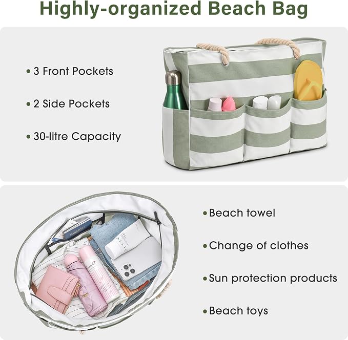 Becokan Beach Bags for Women Canvas Large Beach Tote Bag Zipper Waterproof Sandproof Foldable Swim Pool Bag with 7 Pockets - Image 7
