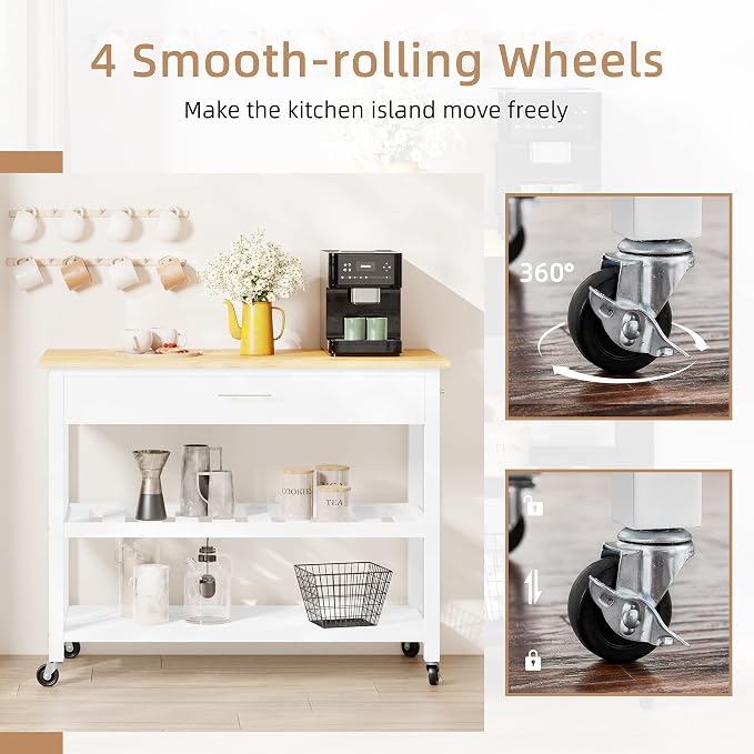 Shintenchi Kitchen Island Cart with Storage,Rolling Kitchen Island Side Table on Wheels with Large Worktop,Storage Cabinet,Towel Rack,Drawers and Open Shelves for Kitchen,Dinning Room,White - Image 4