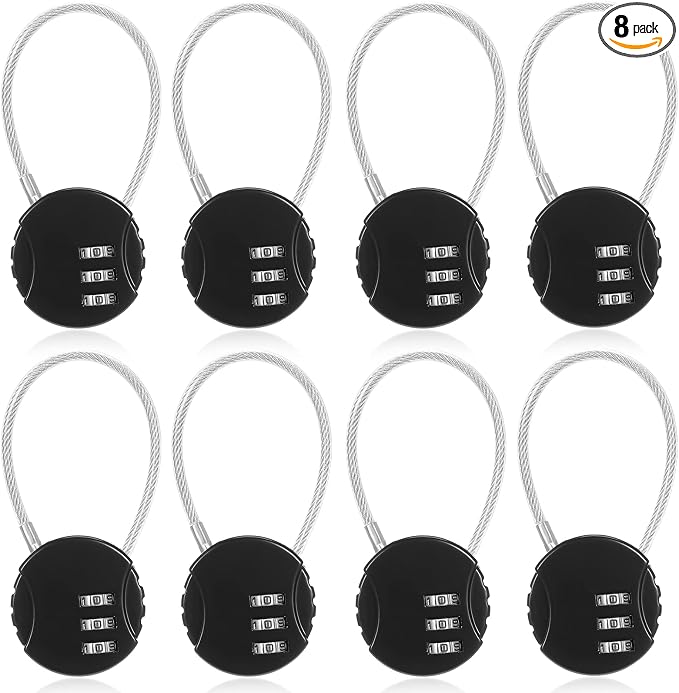 8 Pack 3 Digit Combination Cable Padlock,Black Color | Resettable for Gym Locker Luggage Backpack, Waterproof Outdoor Security, Small Combo Lock for Travel School Storage by Moxweyeni