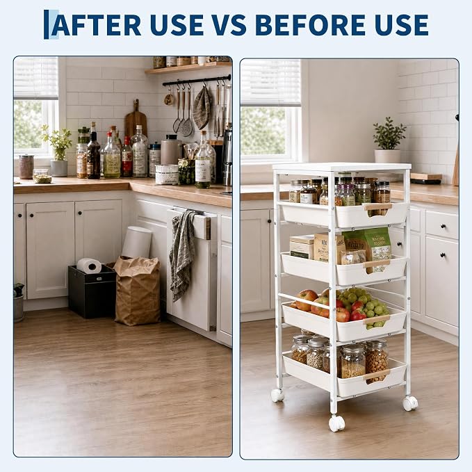 Garvee 5-Tier Slim Rolling Storage Cart, 12.6" Wooden Top Narrow Kitchen Carts on Wheels with Pull-Out Baskets, Mobile Shelving Unit Organizer for Kitchen, Bathroom, Laundry Room, Small Spaces - Image 6