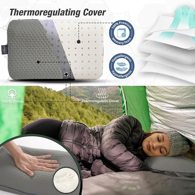 alkamto Travel & Camping Comfortable Memory Foam Pillow – Easy to Carry Portable Bag – Temperature Regulating Pillow Case (Grey) - Image 2