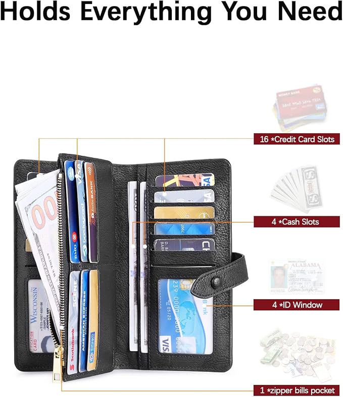 BOSTANTEN Womens Leather Wallet RFID Large Capacity Credit Card Holder | 4 ID Windows, 16 Card Slots, Zipper Coin Pocket, Clutch Wallet, Long Bifold, Ladies Gifts, Grey Black - Image 3