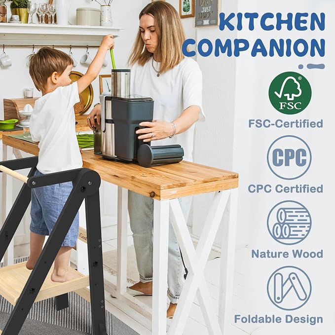 Foldable Toddler Kitchen Stool Helper with 3 Adjustable Heights,Aged 1-6 | CPSC Test,Wooden Collapsible Toddler Tower with Safety Rails&Feet,Wide Pedal,for Kitchen Cooking, Baking or Washing Hands - Image 2