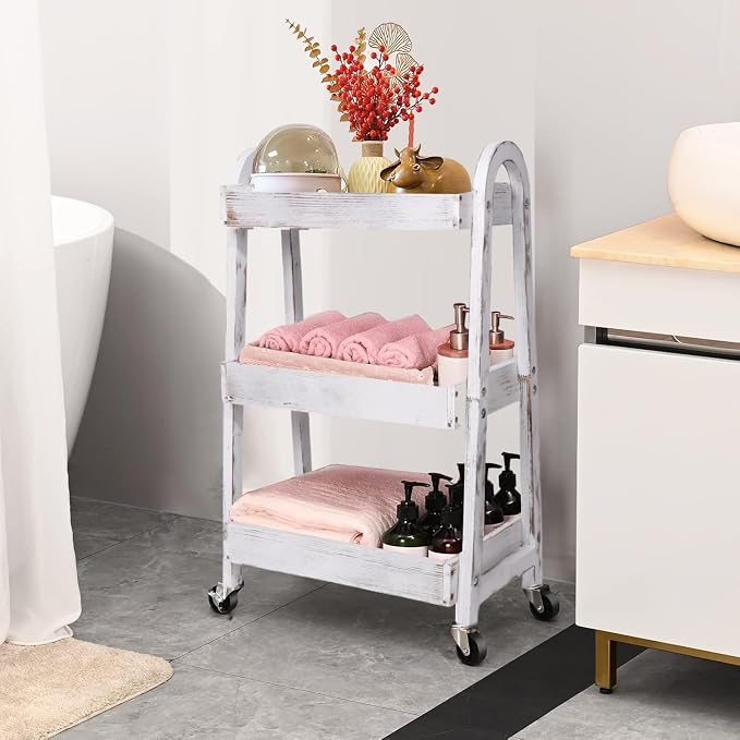 3-Tier Rolling Utility Cart with Lockable Wheels Storage Slim Storage Heavy Duty Cart Mobile Shelving Unit Craft Narrow Organizer for Bathroom Laundry Kitchen (Vintage White) - Image 5