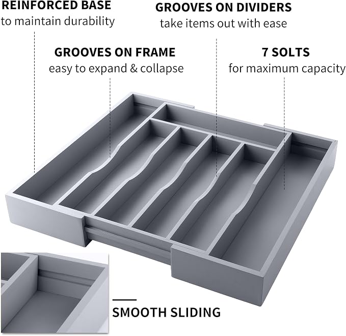 Expandable Bamboo Kitchen Drawer Organizer for Cutlery and Utensils, Adjustable Bamboo Wood Cutlery Tray in Drawer for Flatware and Silverware in Kitchen, (Grey) - Image 5