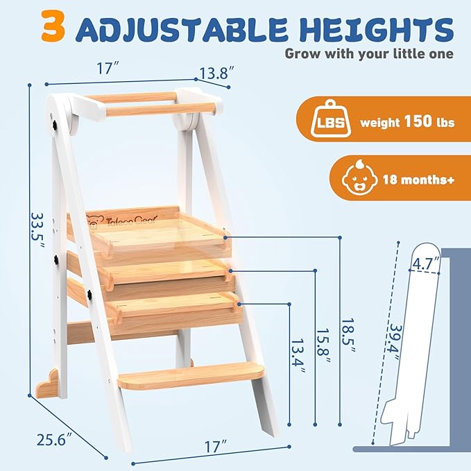 Foldable Toddler Tower, 3 Adjustable Height, Toddler Kitchen Stool Helper | Wooden Standing Tower with Safety Net ,Safety Feet,for Kitchen, Bathroom, Study Room,Offer Customer Service - Image 7