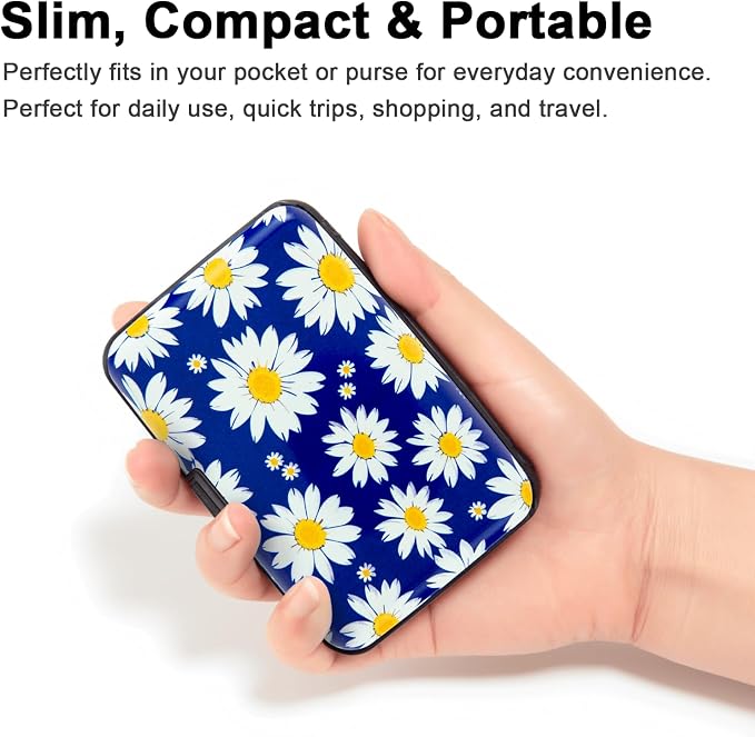 Credit Card Holder for Women Men RFID Blocking Wallet Small Business Metal Slim Mini Aluminum Hard Case (White Flowers Chamomile) - Image 4
